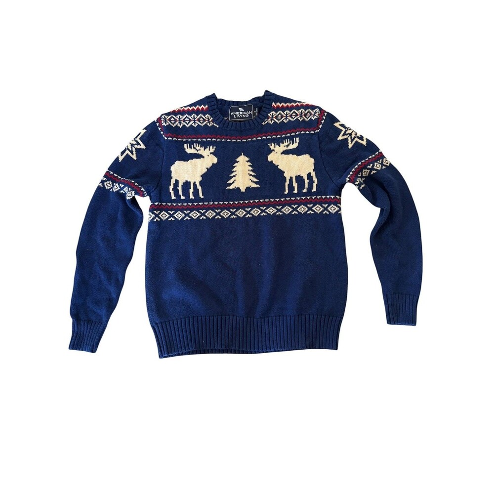 American Living cotton Fairisle preppy Americana moose Christmas tree sweater S